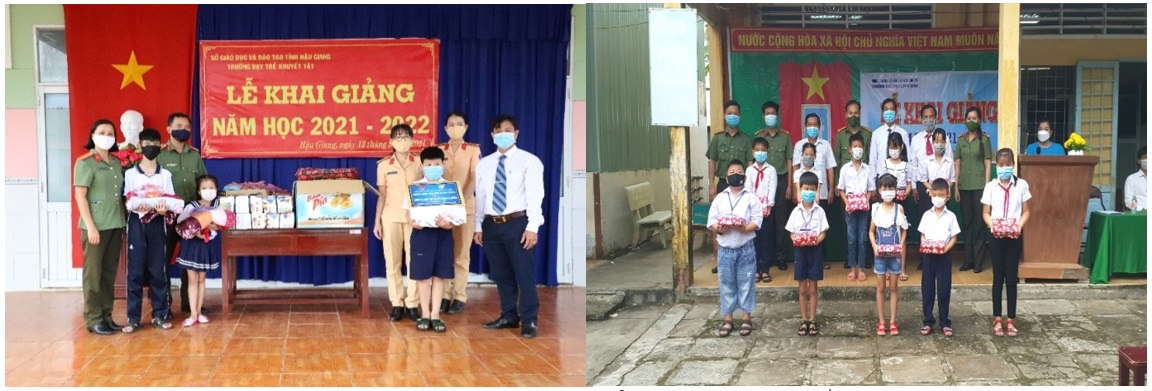 Trao tặng quà tại Trường dạy trẻ khuyết tật tỉnh Hậu Giang (bên trái) và trường tiểu học Long Bình, thị xã Long Mỹ (bên phải)