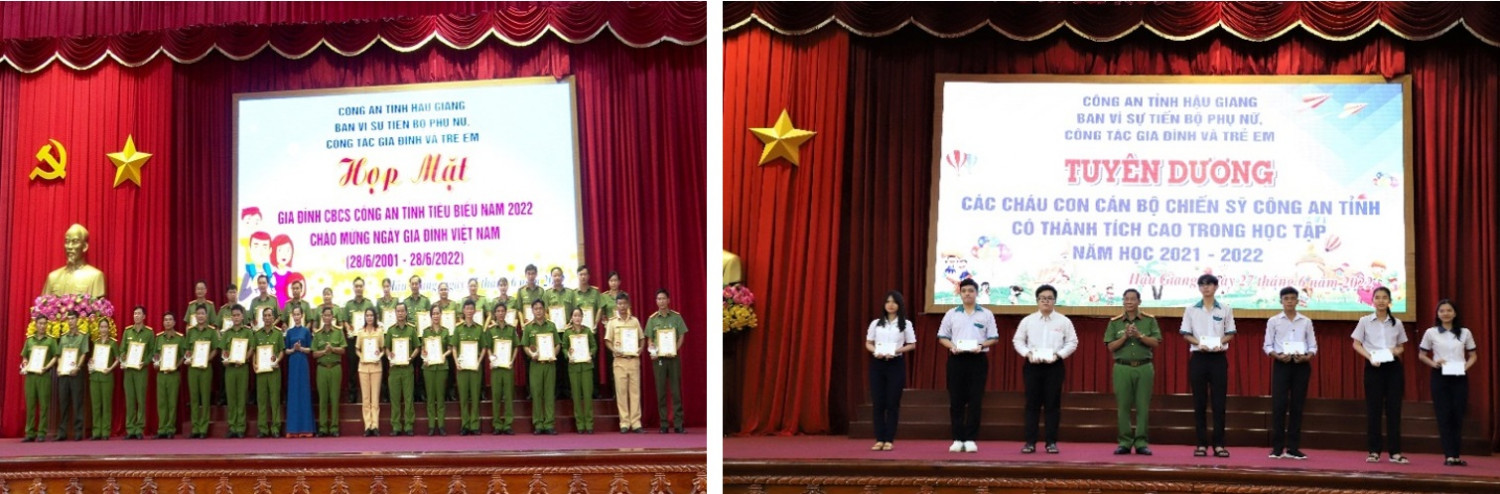 Đồng chí Đại tá Phan Văn Giữ, Phó Giám đốc Công an tỉnh Trao giấy chứng nhận “Gia đình Công an tiêu biểu” và biểu trưng cho các gia đình (hình trái); tặng quà cho các cháu học sinh có thành tích xuất sắc trong năm học 2021 – 2022 (hình phải)