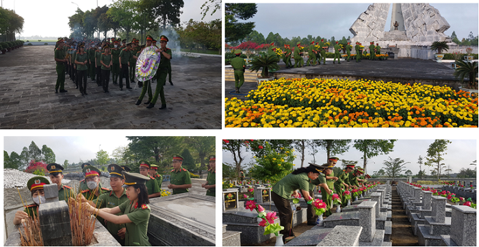 Đại biểu, đoàn viên, hội viên dâng hương, đặt vòng hoa tưởng niệm các anh hùng liệt sĩ tại Đài tưởng niệm trong khuôn viên Nghĩa trang Liệt sĩ tỉnh