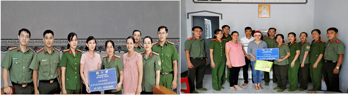 Trao tiền hỗ trợ cho đồng chí Phan Thị Diễm My (trái) và đồng chí Nguyễn Thị Ngọc Nhân (phải)
