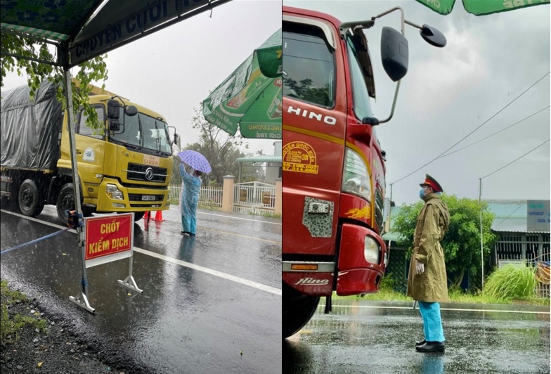 Lực lượng Công an thành phố Ngã Bảy kiểm soát phương tiện tại các chốt kiểm soát dịch