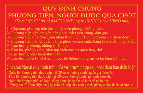 Quy định các phương tiện, người được qua chốt kiểm soát được niêm yết tại các chốt