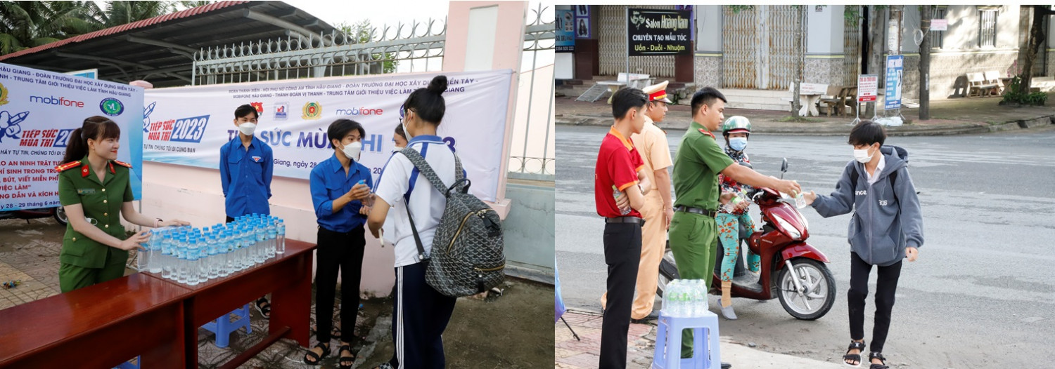 Lực lượng Thanh niên tình nguyện tiếp nước cho các em học sinh